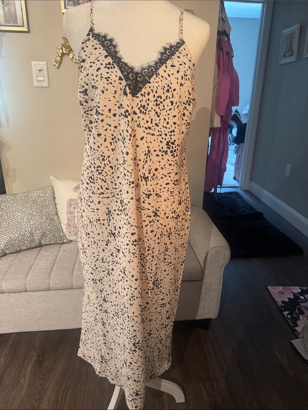 Target Beige Slip Dress with Black Speckle Print & Black Lace Trim